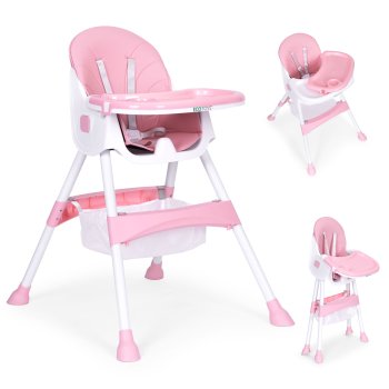 ECOTOYS Foldable Baby High Chair with Tray and Storage Basket, Pink