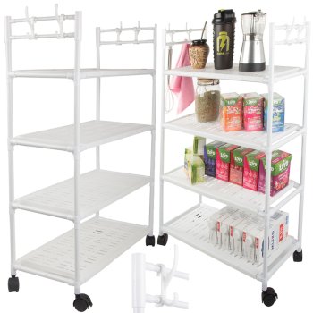 Bathroom shelf kitchen cabinet mobile bookcase on wheels 4 levels hooks