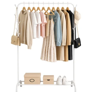 White Metal Floor-Standing Clothes Rack with Shelves