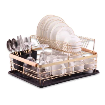 Two-Tier Dish Drying Rack Massido MS-601 with Cutlery Holder, 43 x 32 x 27 cm, Gold and Black
