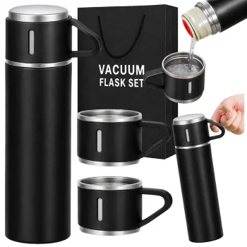 Turistinis termosas 400 ml su 3 puodeliais, nerūdijantis plienas, juodas