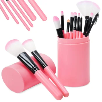 Professional Makeup Brush Set (12 pcs) with Case, Pink