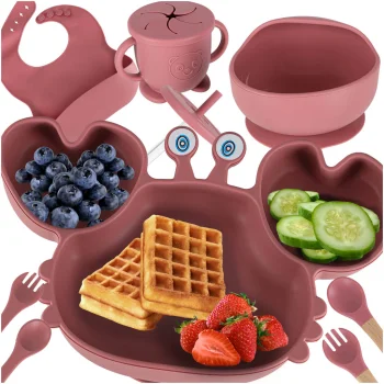 Silicone Baby Feeding Set Crab, 9 Pieces, Dark Pink