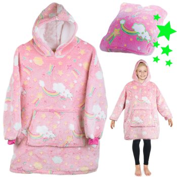 Glow in the Dark Hoodie Blanket for Kids, Warm Oversized Sweatshirt 2-in-1, Pink