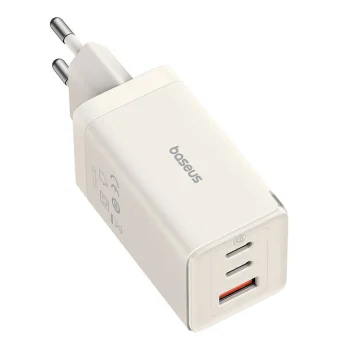 Wall Charger Baseus GaN5 2x USB-C + USB, 65W + 1m Cable, White