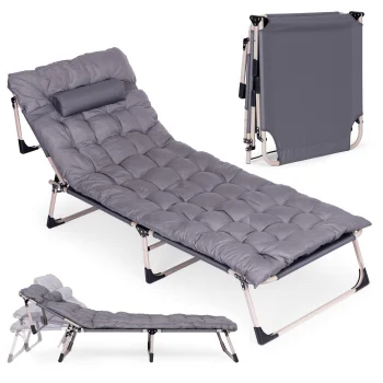 MultiGarden Folding Lounge Chair with Mattress and Pillow for Patio Camping, Gray