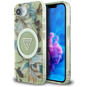 Guess IML Metal Glitter Flowers Triangle MagSafe Case for iPhone 16e - Green