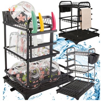 3-Tier Dish Drying Rack with Drainboard and Cutlery Holder, Black
