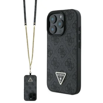 Guess Leather Metal Logo Strass Crossbody Case for iPhone 16 Pro Max - black