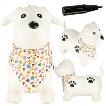 Inflatable jumping dog toy for kids with pump, white and black