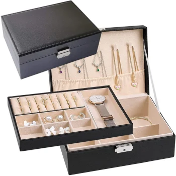 Elegant Jewelry Box Organizer with Key Lock, Black