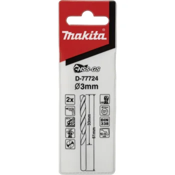 Makita D-77724 HSS-GS Metal Drill Bits, 3.0 x 61 mm, 2 pcs
