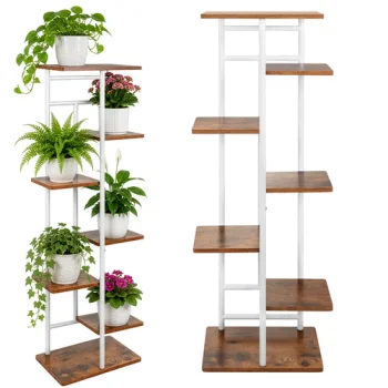 Gardlov 120 cm 7-Tier Metal Plant Stand, White/Wood
