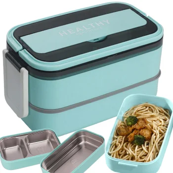 Two-Tier Lunch Box with Compartments and Cutlery, 1400ml, Blue
