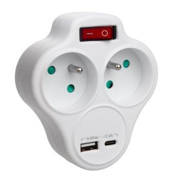 Maclean Power Splitter with 2 Sockets, Switch and USB A/C 2.4A, White