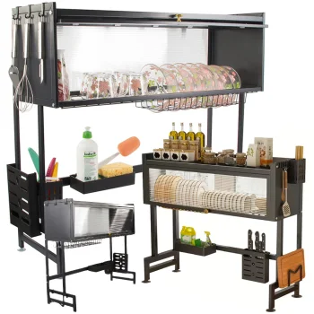 Over the Sink Dish Drying Rack Cabinet with Clear Doors, Organizer 85 cm, Black