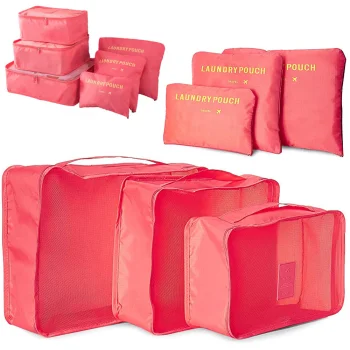 Travel Suitcase Organizer and Laundry Bag Set, 6 pcs, Salmon