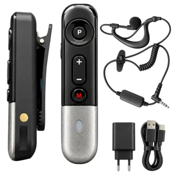 Mini walkie-talkie with earpiece, microphone and USB charging, black/silver