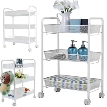 Metal Rolling Storage Cart, 3 Tiers, White