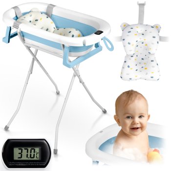 Foldable Baby Bath with Stand, Thermometer and Cushion Ricokids RK-287, white-blue
