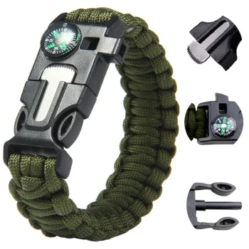 5-in-1 Survival Bracelet with Compass, Flint and Whistle, Green