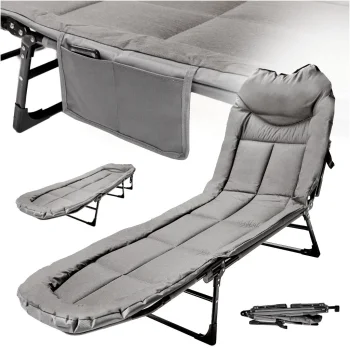 LUARO Folding Camp Bed, Portable Garden Sun Lounger with Pillow