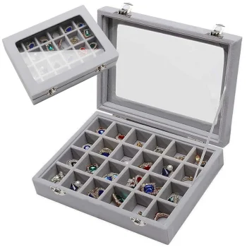 Velvet Jewelry Box with Glass Lid, 24 Compartments, Grey