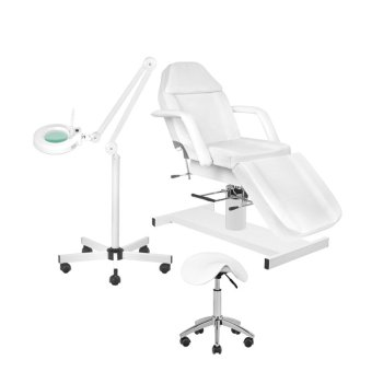 Hydraulic Beauty Bed Set A210 with LED Magnifying Lamp S5 & Stool 302, White