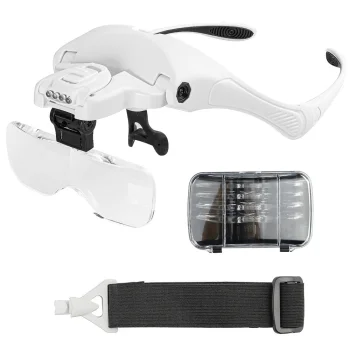 Headband Magnifying Glasses with 4 LEDs and 5 Replaceable Lenses, White