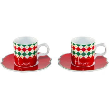 Bialetti Tricolore Espresso Cup and Saucer Set, 2 Pieces, 80 ml