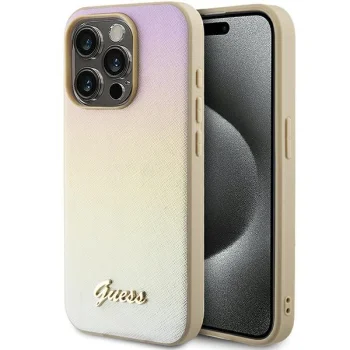 Guess iPhone 15 Pro Case Saffiano Iridescent Script, Gold