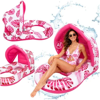 Inflatable Pool Lounge Chair with Backrest and Canopy, Pink