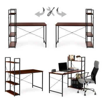 Wooden computer desk with shelves, metal frame, ModernHome