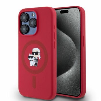 Karl Lagerfeld Silicone Karl&Choupette Heads Ring MagSafe Case for iPhone 15 Pro, Red