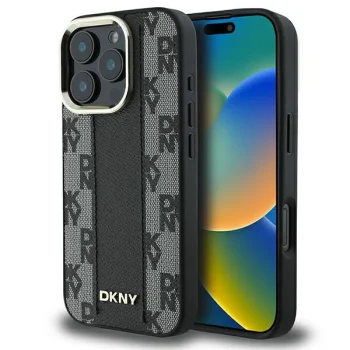 DKNY iPhone 16 Pro Case Leather Checkered Mono Pattern MagSafe, Black