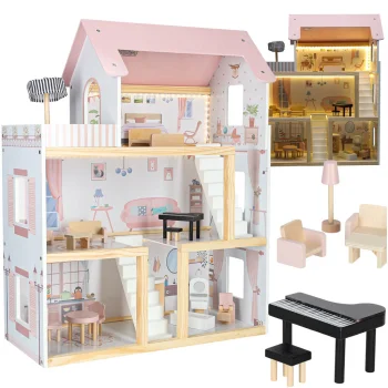 Wooden Dollhouse with Furniture and LED Light 78cm, Pink