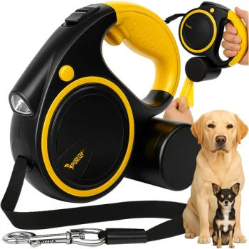 Purlov Retractable Dog Leash with Flashlight, 5m, 10-25 kg, Black/Yellow