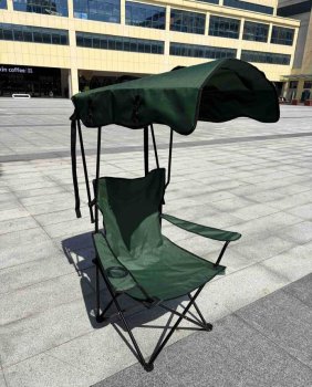 Folding camping chair with canopy and cup holder, green