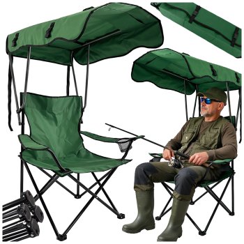 Folding camping chair with canopy and cup holder, green