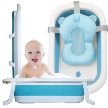 Nicekids Foldable Silicone Baby Bath Tub with Cushion, Blue