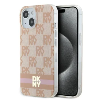 DKNY iPhone 15 Case IML Checkered Mono Pattern & Printed Stripes MagSafe, Pink