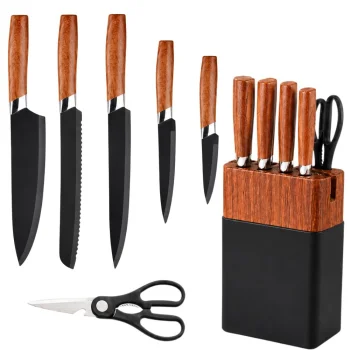 Kitchen Knife Set with Stand, 6 Pieces, Black/Wood