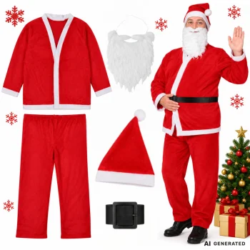 Santa Claus Costume Set with Beard and Hat, One Size, Red