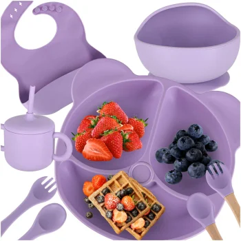 8-Piece Bear Silicone Tableware Set for Babies, Purple