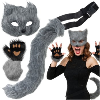 Cat Fox Cosplay Costume Set 4-Piece with Tail and Mask Ruhhy 26247, Grey