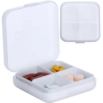 Compact Travel Pill Box for Medication and Supplements, 4 Compartments, White