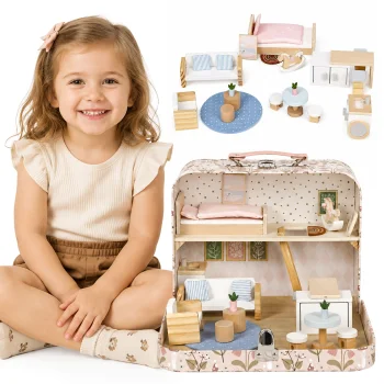 Ecotoys Two-Story Dollhouse in a Suitcase with 20 Wooden Accessories