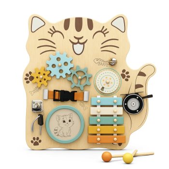 Wooden Cat Busy Board for Toddlers, Sensory Activity Toy