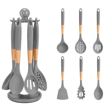 6-Piece Silicone Kitchen Utensils Set with Rotating Stand Grey