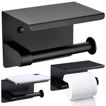 Toilet Paper Holder with Phone Shelf, Matte Black